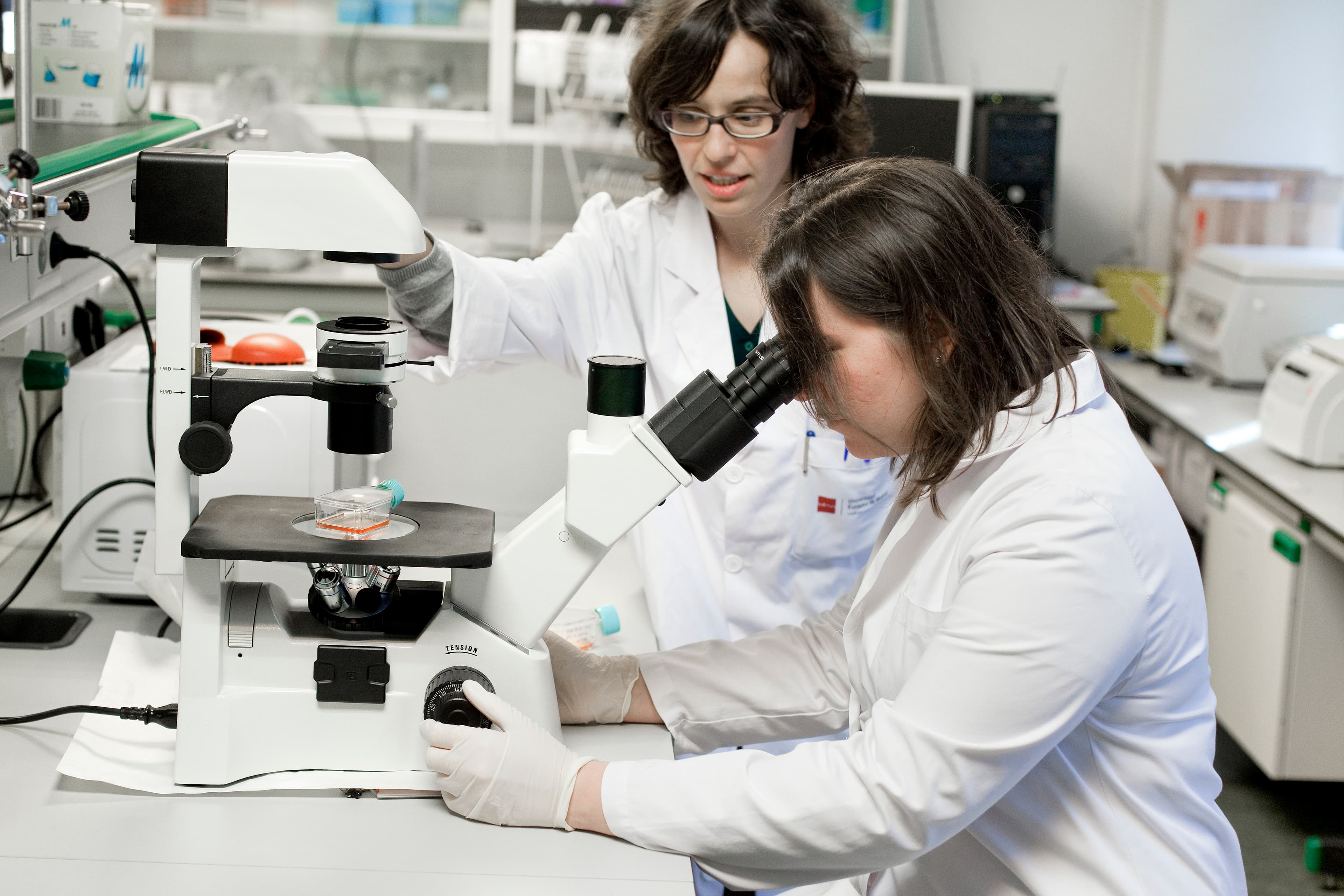 Étudiantes au microscope en travaux pratiques de biotechnologie