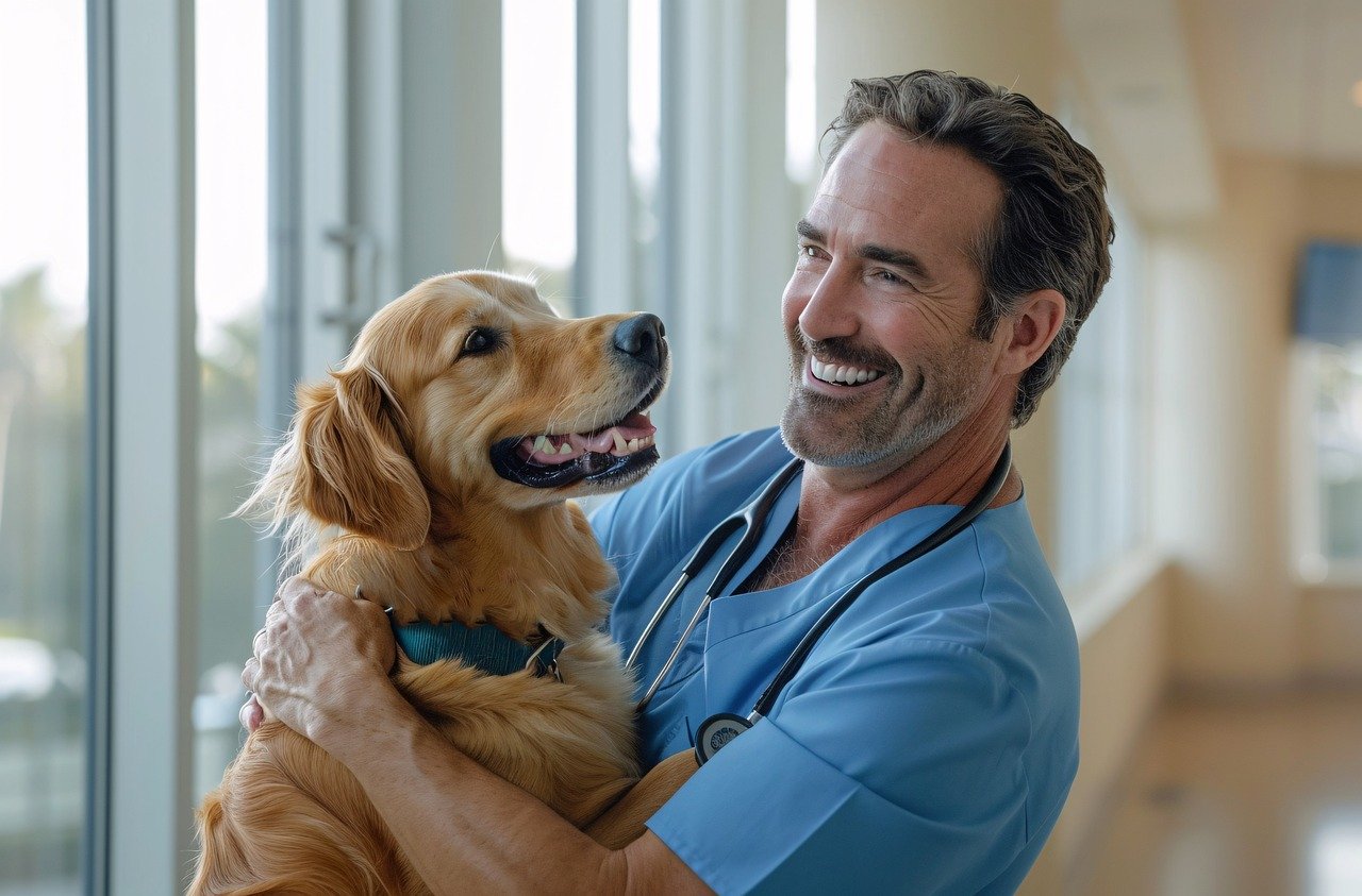 Vétérinaire avec un chien représenté avec l'IA